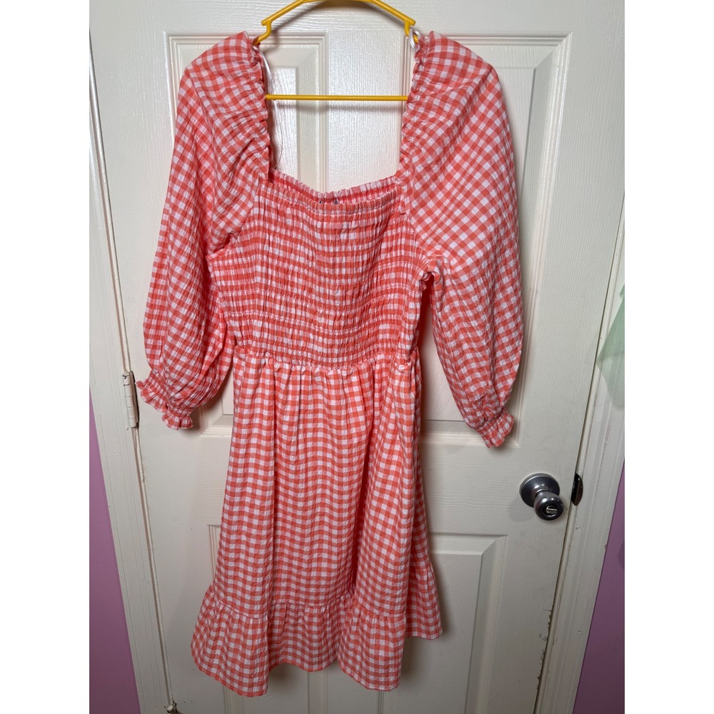 The Get‎ Womens Orange Gingham Smocked Square Neck Mini Dress Large NWT